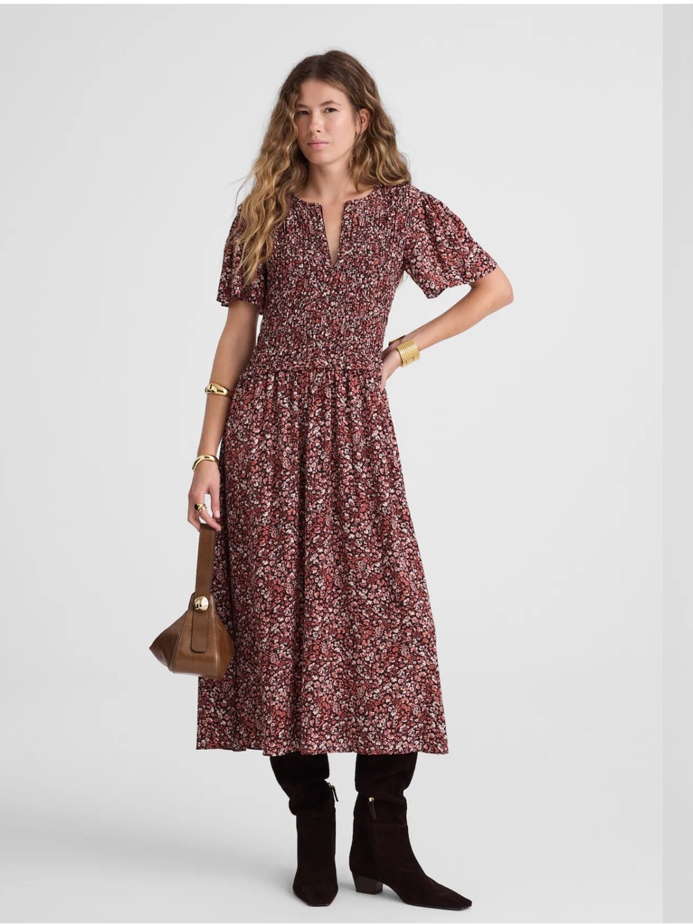 Madewell Burgundy Floral Short-Sleeve Zip-Front Flutter-Sleeve Midi Dress SIZE 4